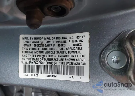 2017 Honda Civic Lx из США, поврежденный, VIN 19XFC2F51HE040834